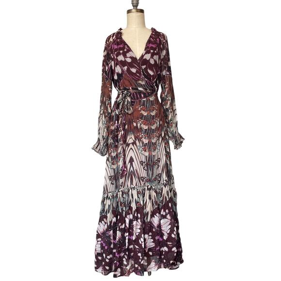 ANTHROPOLOGIE Midi Wrap Dress Small Long Sleeve Butterfly Purple Boho Ruffle - Picture 3 of 11